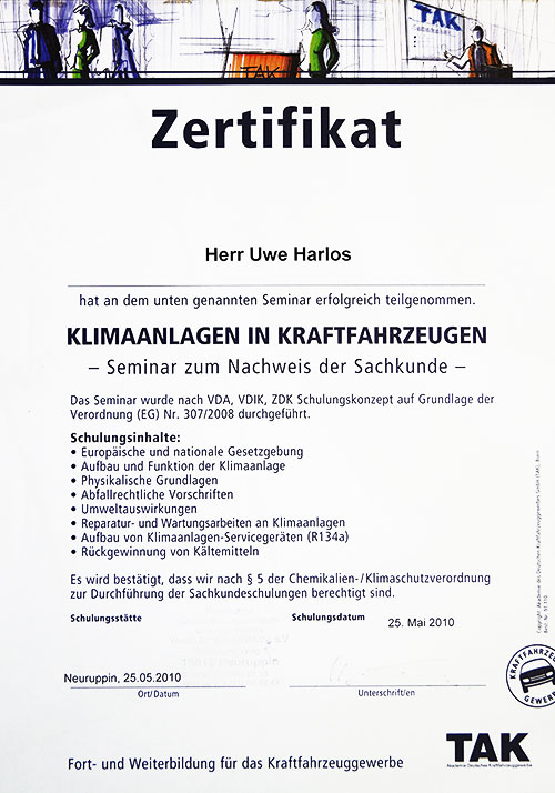 Zertifikat Klimaanlagen Kraftfahrzeug
